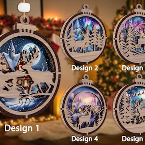 Layered Wood Reindeer Christmas Ornament – 3D Laser Cut Winter Scene Holiday Decor