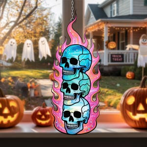 Stacked Skulls Suncatcher – Gothic Halloween Stained Glass Window Hanging with Neon Flame – Creepy Cute Spooky Decor