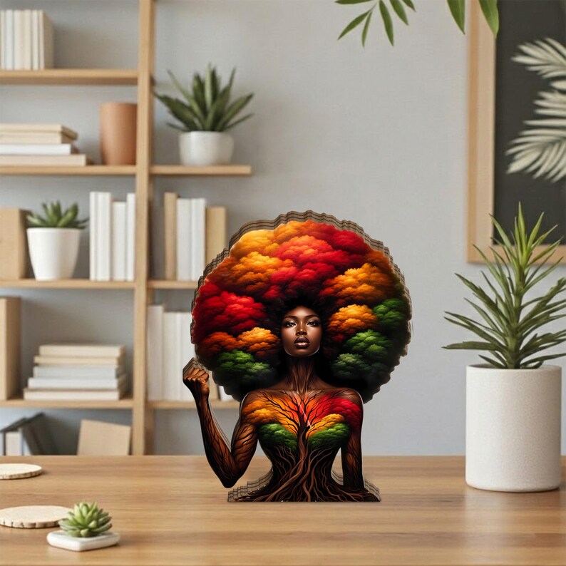 Afro Tree Woman Wooden Block, Black Woman Nature Art Decor, African ...