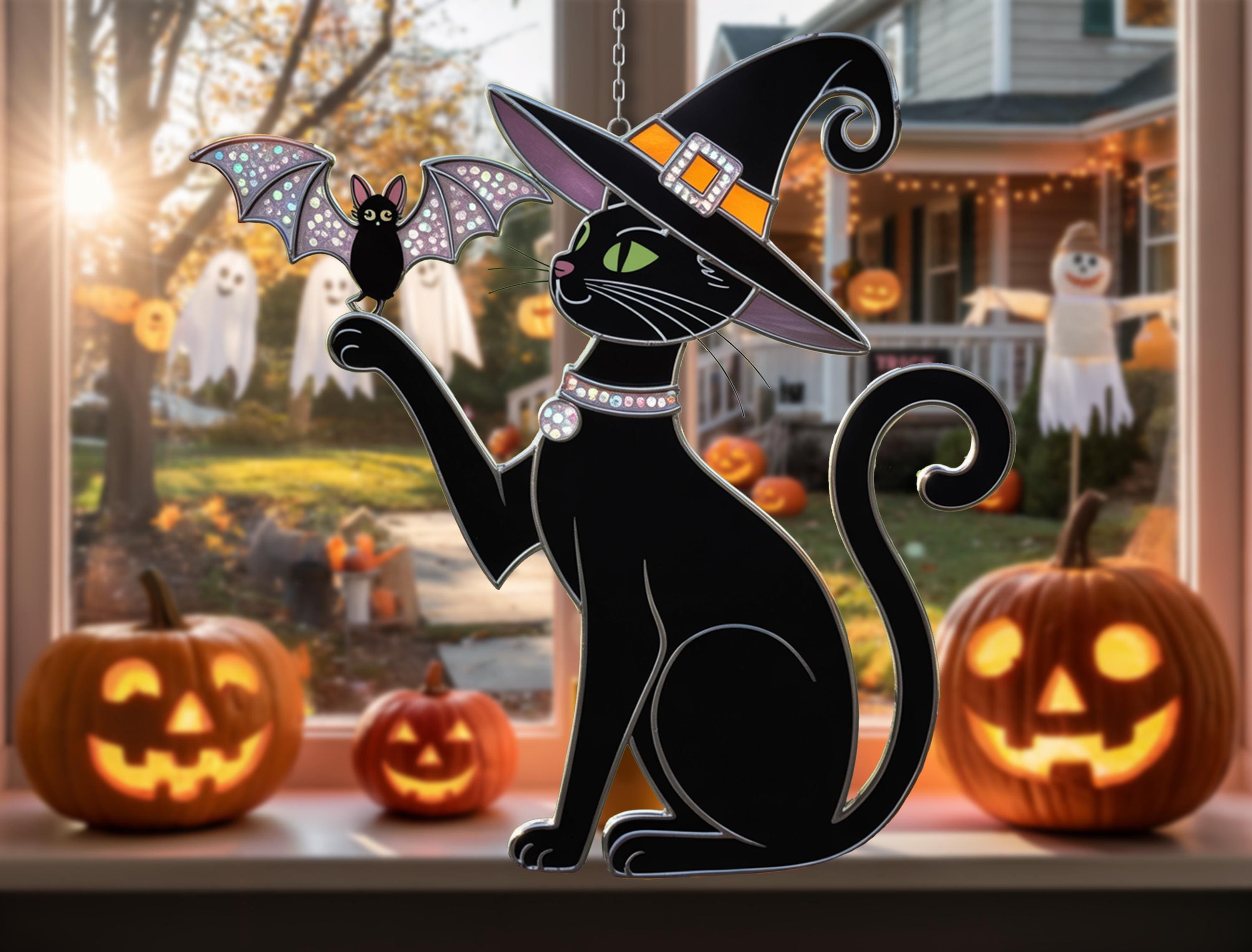 魔女猫のステンドグラスサンキャッチャー - ハロウィンの黒猫と