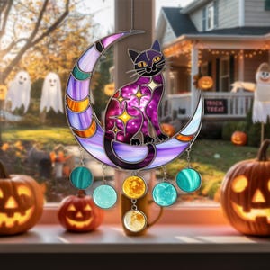 Witch cat suncatcher sitting on the moon - Stained glass window hanging in mystical style, cute handmade witchy decor