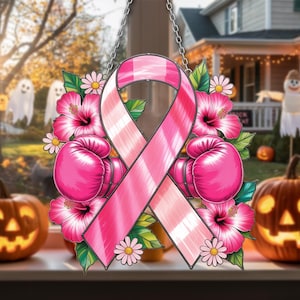 Breast Cancer Awareness Window Decor, Fighter Support Gift, Strong Survivor Ornament, Pink Ribbon Boxing Gloves Suncatcher