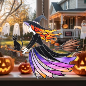 Stained Glass Witch and Cat on Broom Suncatcher – Halloween Window Decor, Witchy Gothic Fall Home Gift, Flying Witch Ornament