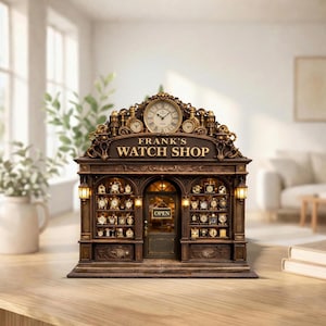 Puede incluir: Una réplica en miniatura de la tienda de relojes de Frank, con una fachada detallada con un reloj y el nombre de la tienda. La tienda es marrón con detalles dorados y tiene varios relojes en su interior. El letrero sobre la puerta dice "ABIERTO".