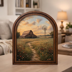 Rustic Barn Arch Frame Artwork, Farmhouse Landscape Wall Art, Country Wildflower Path Decor, Vintage Rustic Farm Wall Decor