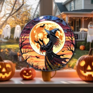 Halloween Witch Stained Glass Suncatcher – Full Moon & Bats Gothic Window Panel – Spooky Fall Decor