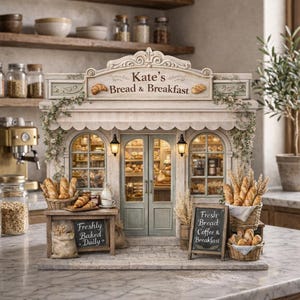 May include: A miniature bakery scene with the sign "Kate's Bread & Breakfast." The facade is painted in soft colors, with a detailed awning and decorative elements. Baskets of bread and pastries are displayed, along with two small chalkboards that read "Freshly Baked Daily" and "Fresh Bread Coffee & Breakfast."