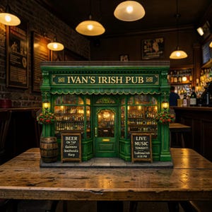 Puede incluir: Una maqueta verde de un pub irlandés con el texto "IVAN'S IRISH PUB". Dos letreros anuncian "BEER ON TAP" y "LIVE MUSIC TONIGHT!". Un barril de madera y macetas flanquean la entrada. El pub está sobre una mesa de madera.