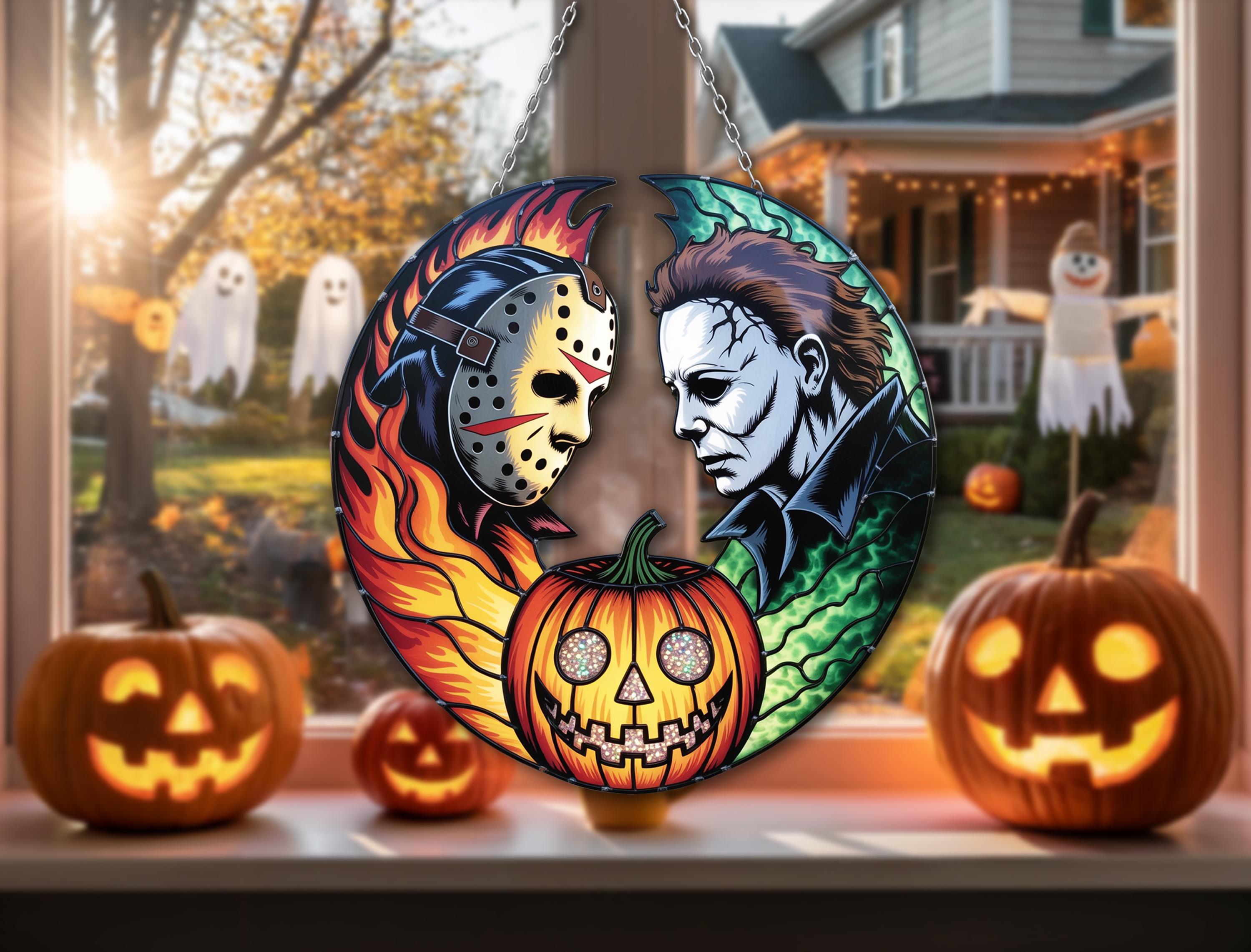 ハロウィンオブジェ Dual Horror Icons Suncatcher – Halloween Flame Glass Hanging With