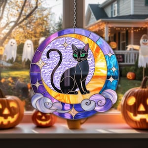 Black Cat Moon Suncatcher – Halloween Stained Glass Window Decor – Spooky Gothic Cat Lover Gift – Mystical Crescent Moon Ornament