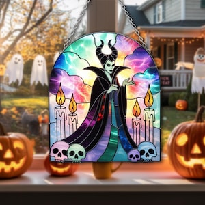 Gothic Sorceress Stained Glass Panel | Spooky Witch Window Decor | Halloween Candle Skull Suncatcher | Dark Fairy Art Gift