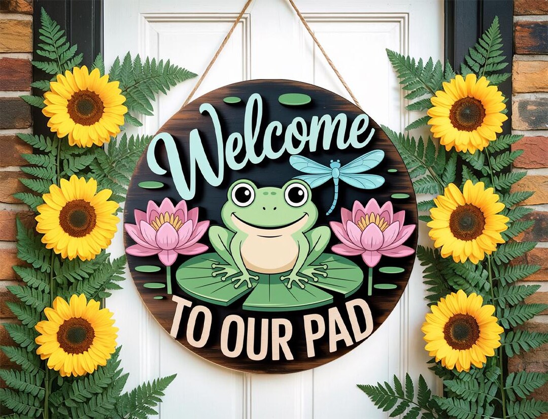 Summer Door Hanger Welcome to Our Pad Frog on Lily Pad Dragonfly Lotus ...