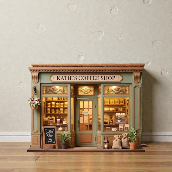 Personalized Coffee Shop Wooden Block, Custom Shopfront Wooden Decor, Mini Coffee Shop Sign, Cottagecore Kitchen Shelf Decor