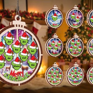 Personalized Grinch Family Ornament 2025 – Custom Green Faces Christmas Tree Decor – Holiday Gift for Large Families
