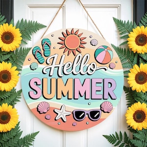 Summer door hanger Hello Summer Beach Elements Sign | Seashell and Sunglasses Summer Welcome Door Decor | Colorful Coastal Sign