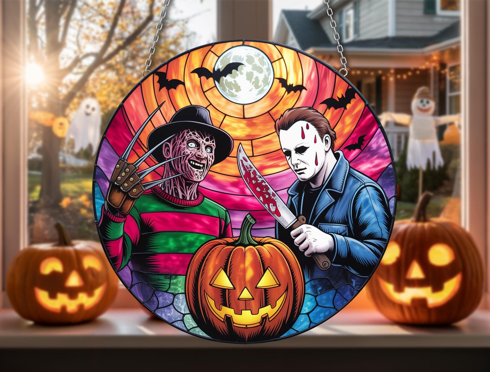 Horror Duo Stained Glass Halloween Suncatcher – Spooky Scary Window ...