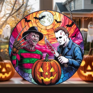 Horror Duo Stained Glass Halloween Suncatcher – Spooky Scary Window Hanging with Pumpkin, Moon & Gothic Slasher Style Art