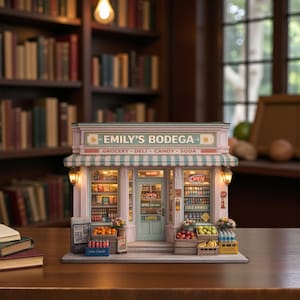 Spersonalizowany drewniany blok Bodega, dekoracja do mini sklepu spożywczego, spersonalizowany szyld z nazwą sklepu, miniaturowy ekspozytor na delikatesy