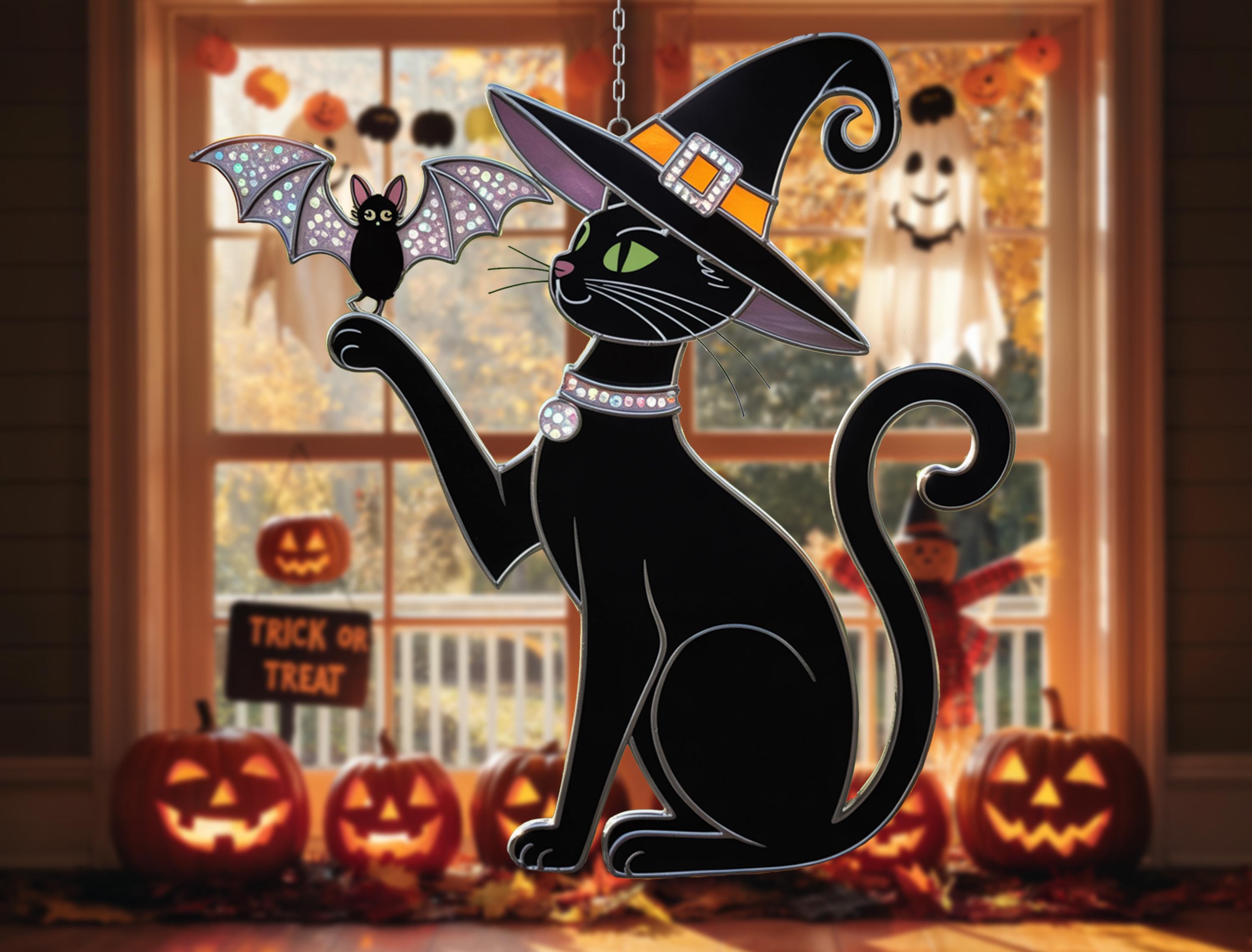 魔女猫のステンドグラスサンキャッチャー - ハロウィンの黒猫と