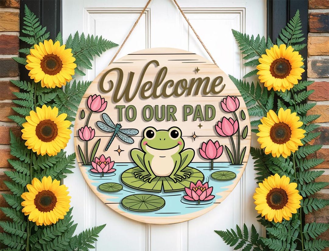 Summer Door Hanger Welcome to Our Pad Frog Lily Pond Lotus Dragonfly ...