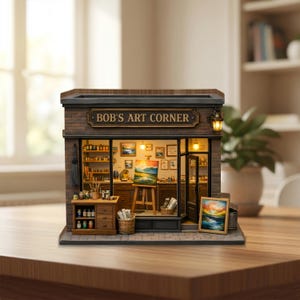 May include: A miniature art shop model with the sign "BOB'S ART CORNER". The shop features a brick facade, a glass storefront displaying paintings, art supplies, and a painting on an easel. A framed painting rests outside the shop.
