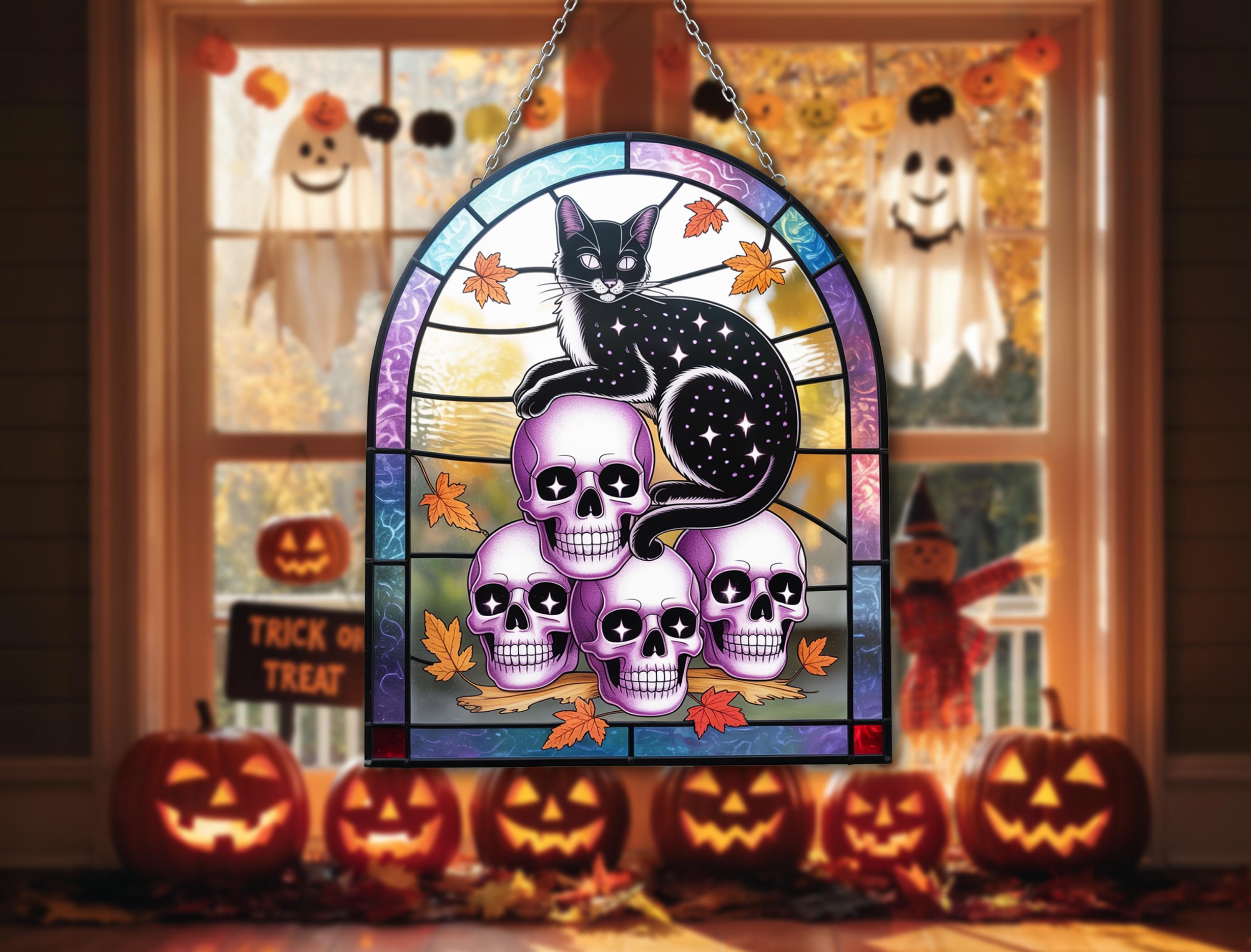 ハロウィンの黒猫ステンドグラス – 頭蓋骨と秋の葉のステンドグラス