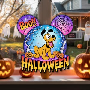 Cute Halloween Dog Skeleton Suncatcher | Mickey Ears Boo Decor | Cartoon Style Fall Window Hanging Ornament