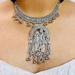 Handmade Radhakrishna Oxidized Silver Necklace Set: Indian Temple Jewelry
