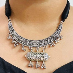 Oxidized Silver Pendant Choker: Boho Ghungroo Necklace