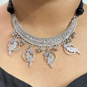 Oxidized Silver Parrot Choker: Handmade Indian Ghungroo Necklace