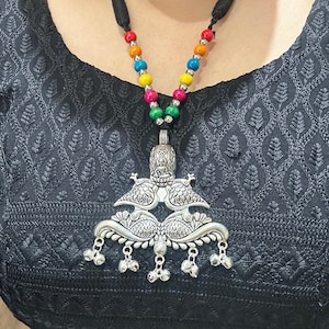 Handmade Oxidized Silver Bird Necklace: Colorful Boho Indian Jewelry