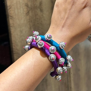 Handmade Boho Style Stacked Bracelets for Navratri | Colorful Bracelets with Antique Silver Charms, Unique Ethnic Navratri Jewelry Free Size