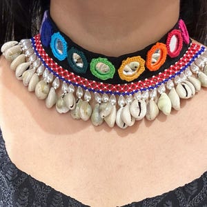 Premium Navratri Mirror Work Choker Set with Earrings | Colorful Round Mirror Choker | Cowrie Shell Jewelry | Navratri Necklace Set Earrings