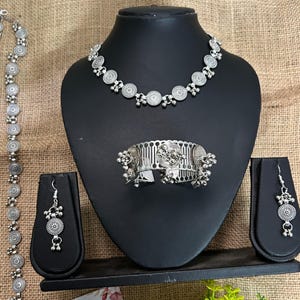 Full Oxidized Jewelry Set Combo for Navratri | Tribal Necklace, Earrings, Bangles & Waist Belt Set | Antique Silver Indian Jewelry Garba Set