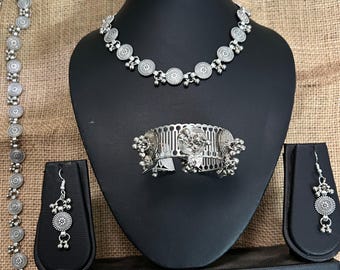 Oxidized Silver Jewelry Set | Tribal Garba, Navratri Necklace, Bangles & Belt