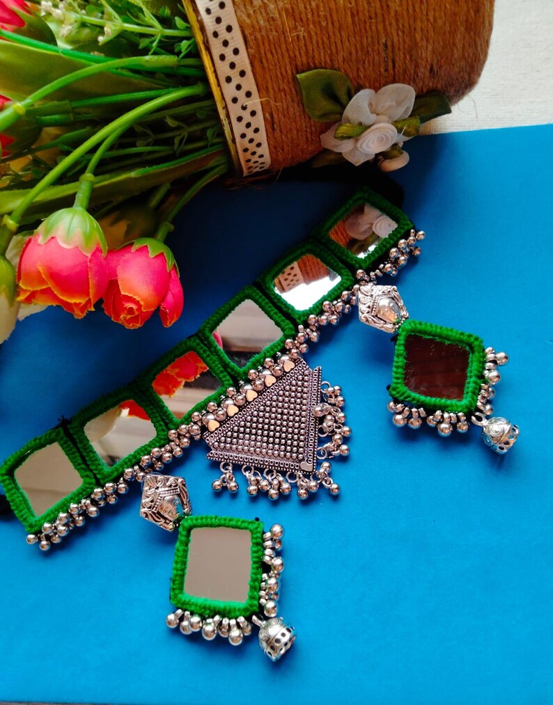 Mirror Necklace and Earrings Set, Customise Color, Festive Collection