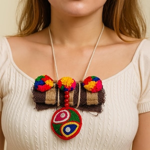Denim Boho Statement Necklace: Upcycled Fabric, Pom Pom & Mirror Pendant