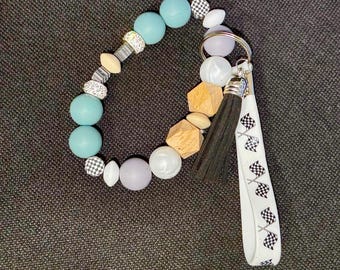 Wristlet Keychain | Silicone Bead Bracelet | Checkered Flag Bracelet | Racing Bracelet