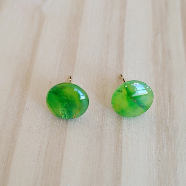 Translucent Green and Gold Faux-Stone Small Circle Studs, Polymer Clay Earrings, Translucent, Stone Inspired Earrings, Gold Accents, Vibrant