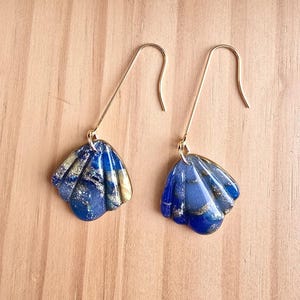 Blue and Gold Translucent Faux Stone Shell Long Hook Polymer Clay Dangle Earrings