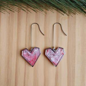 Translucent Red and Silver Faux Stone Geometric Heart Dangle Earrings, Polymer Clay, Love Heart Jewelry, Lightweight, Stainless Steel Hooks