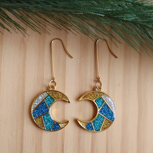 Blue, Opal and Gold Patchwork Crescent Moon Dangle Earrings, UV Resin and Glitter Earrings, Celestial Jewelry, Holographic, Stainless Steel