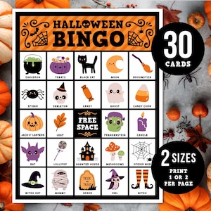 Conjunto de bingo de Halloween, 30 cartões de bingo de Halloween, jogo de festa de Halloween para crianças, atividade de sala de aula de Halloween para impressão, jogos de festa de classe fofos e divertidos