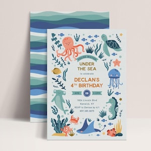 Plantilla editable de invitación de cumpleaños náutica bajo el mar con temática oceánica, peces, criaturas marinas, fiesta en la piscina, descarga instantánea