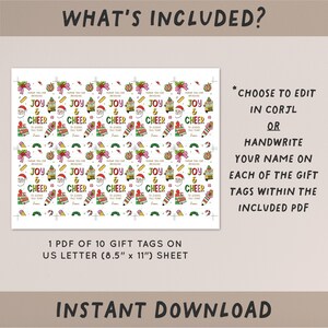 May include: A sheet of gift tags with a festive design. The tags feature Santa Claus, pencils, and candy canes, with the words "Joy & Cheer." The sheet is 8.5 x 11 inches and includes the text "Instant Download."