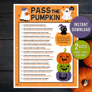 以下が含まれることがあります： 「Pass the Pumpkin」というタイトルのハロウィーンをテーマにした印刷可能なゲーム。カボチャのスタックのイラストが描かれています。オレンジと黒のデザインには、指示、幽霊、猫、「インスタントダウンロード」と「2サイズ」という言葉が含まれています。
