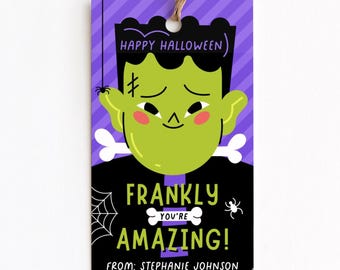 Printable Halloween Gift Tag, Trick Or Treat Candy Bag Tag, Editable Frankenstein Halloween Treat Tag, Frankly Amazing Halloween Party Favor