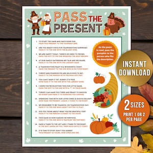 Könnte beinhalten: Druckbares Thanksgiving-Partyspiel mit dem Titel "Pass the Present". Das Design umfasst Illustrationen von Pilgern, einem Truthahn, Kürbissen und einem Füllhorn. Das Spiel enthält Anweisungen und ist in zwei Größen erhältlich.