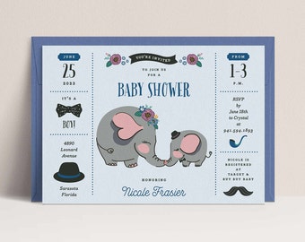 Editable Blue Elephant Baby Shower Invitation, Little Peanut Elephant Invite, Baby Boy Elephant Invitation Safari Printable Digital Template