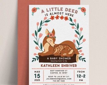 Editable Deer Baby Shower Invitation, Woodland Baby Shower Invite, Forest Animal Baby Shower, Floral Girl Baby Shower Template Printable